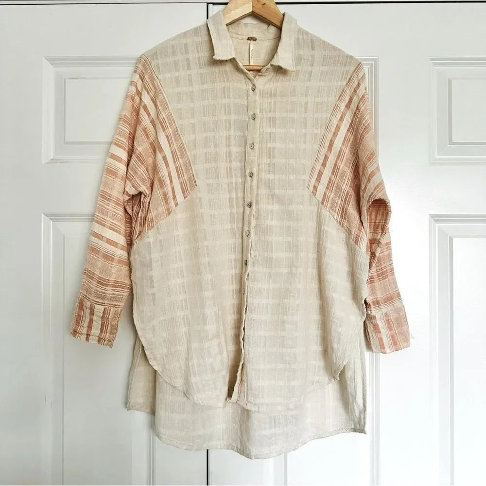 FREE PEOPLE | Orange Cream‎ Ivory Mixed Fabric Shirt Button Down Shacket | Small